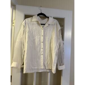 Regina Porter Women’s White Linen Blouse Button Down Sheer Sleeves Coastal 8 VTG